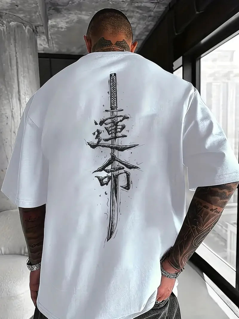 A men's short sleeved T-shirt made of pure cotton with a Japanese samurai sword pattern printed on it, regular style, fashionabl