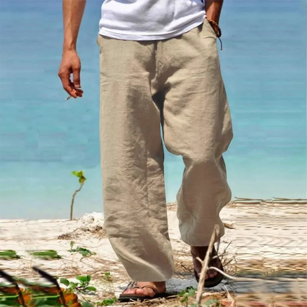 Men's Beach Pants Breathable Loose Straight Trousers Male Summer Casual Solid Color Japanese Streetwear