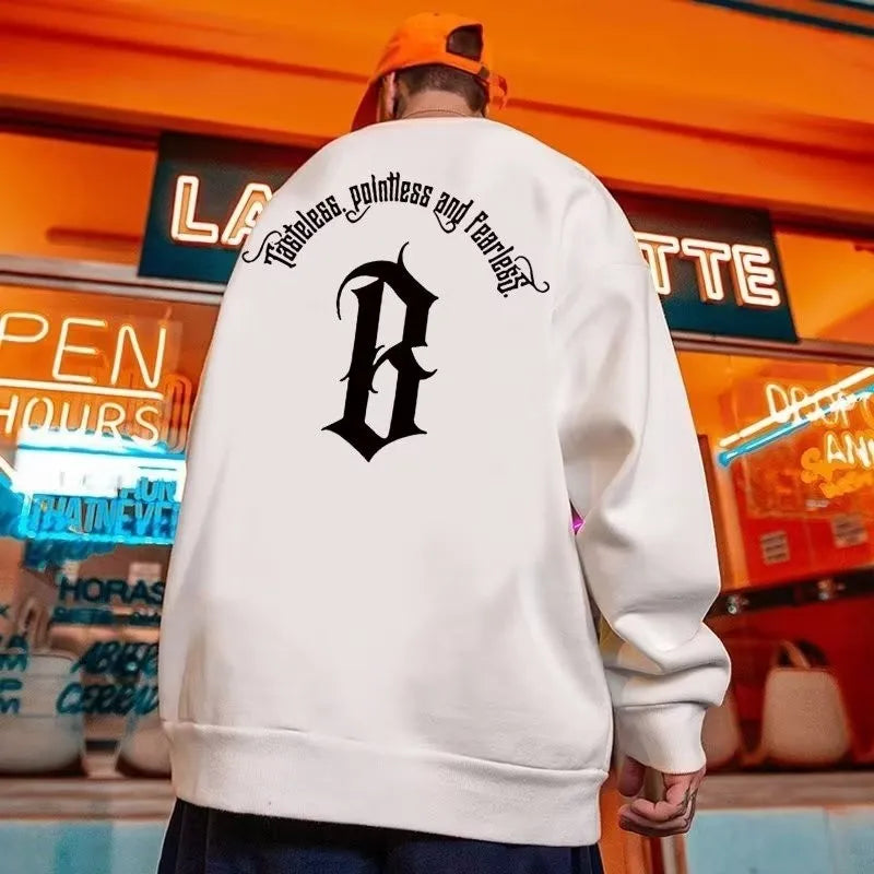 M-8XL Autumn Men Oversized Sweatshirts Fashion Loose American Gothic Letter B Print Long Sleeve Plus Velvet Couple Clothes