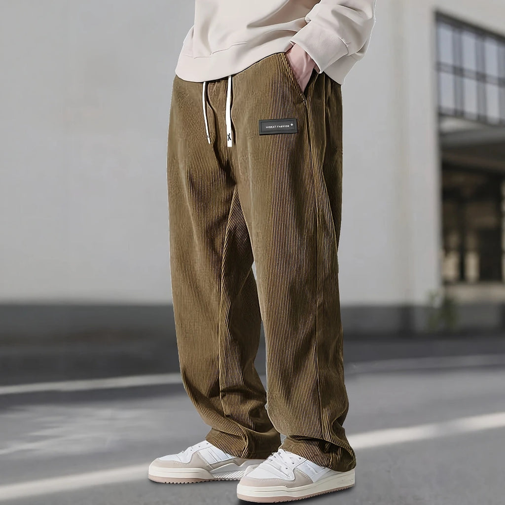 Men'S Corduroy Straight Leg Pants with Drawstring Waist, Pockets, and Logo Design - Stretchy, Casual Fit for Everyday Wear, Spri