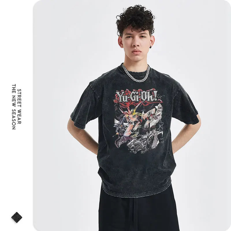 Anime Yu Gi Oh T Shirts Men Retro Vintage Washed Yugi Muto Printed T-shirt Oversized Streetwear Manga Short Sleeve y2k Tops Tees