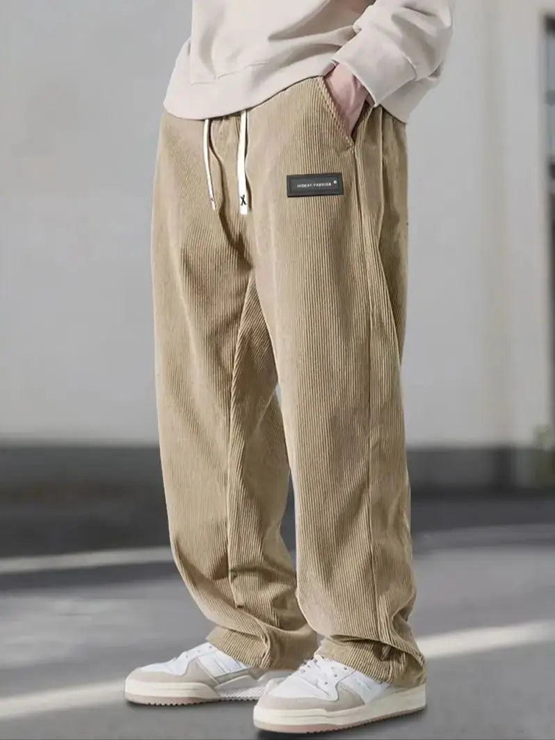 Men'S Corduroy Straight Leg Pants with Drawstring Waist, Pockets, and Logo Design - Stretchy, Casual Fit for Everyday Wear, Spri