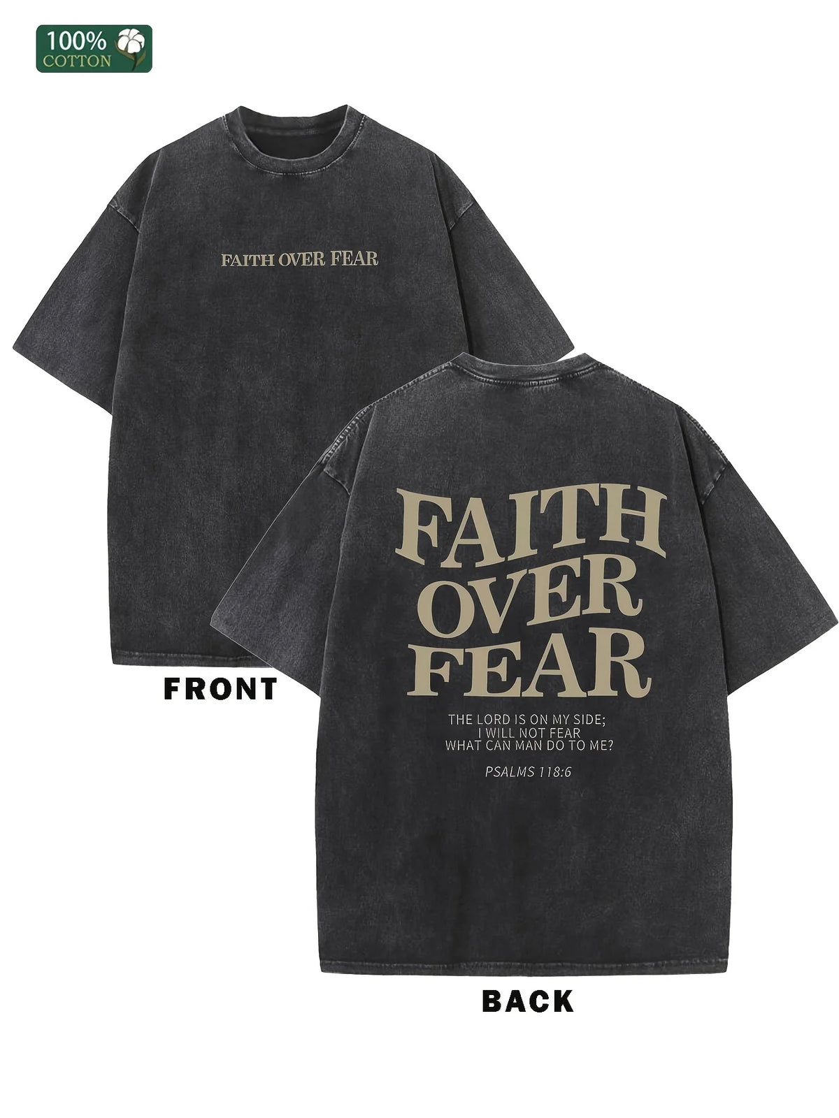 FAITH OVER FEAR Men's Cotton Solid Drop Shoulder Vintage Street Wear Basic Tees Baggy Hip Hop Unisex Tops Acid Wash T-Shirt