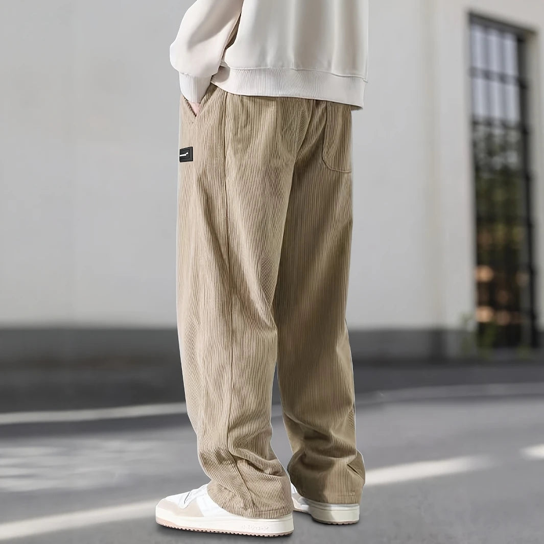 Men'S Corduroy Straight Leg Pants with Drawstring Waist, Pockets, and Logo Design - Stretchy, Casual Fit for Everyday Wear, Spri