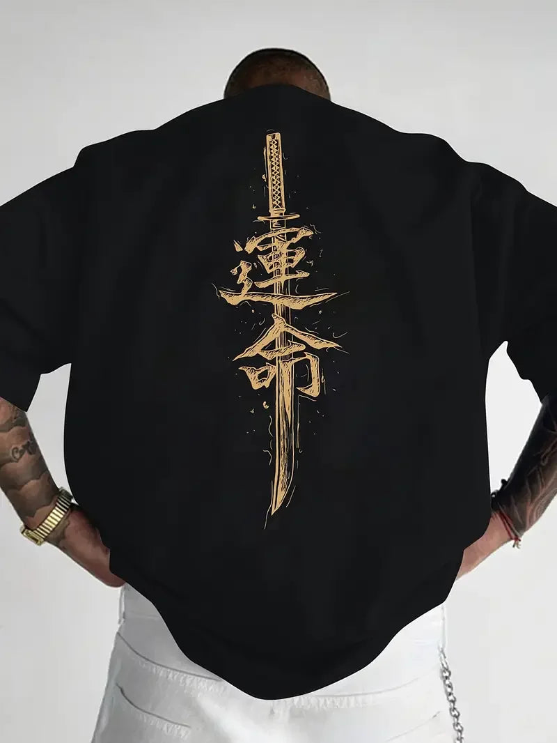 A men's short sleeved T-shirt made of pure cotton with a Japanese samurai sword pattern printed on it, regular style, fashionabl