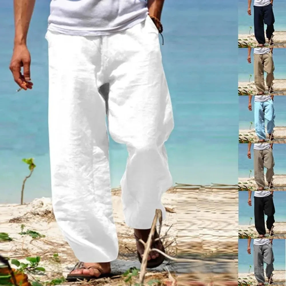 Men's Beach Pants Breathable Loose Straight Trousers Male Summer Casual Solid Color Japanese Streetwear