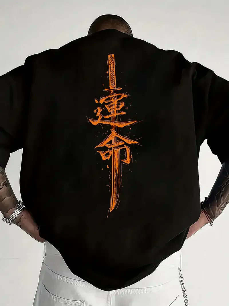 A men's short sleeved T-shirt made of pure cotton with a Japanese samurai sword pattern printed on it, regular style, fashionabl