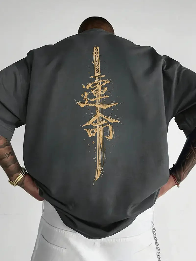 A men's short sleeved T-shirt made of pure cotton with a Japanese samurai sword pattern printed on it, regular style, fashionabl