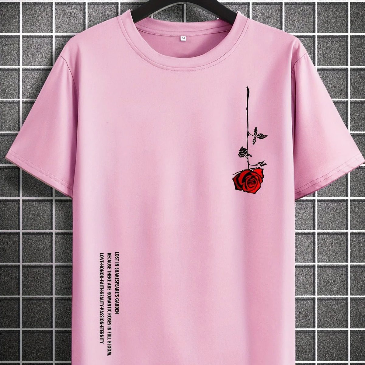 Men's Summer Loose Size 100% Cotton Rose Print Casual Slim Fit Round Neck Short Sleeve T-shirt Top