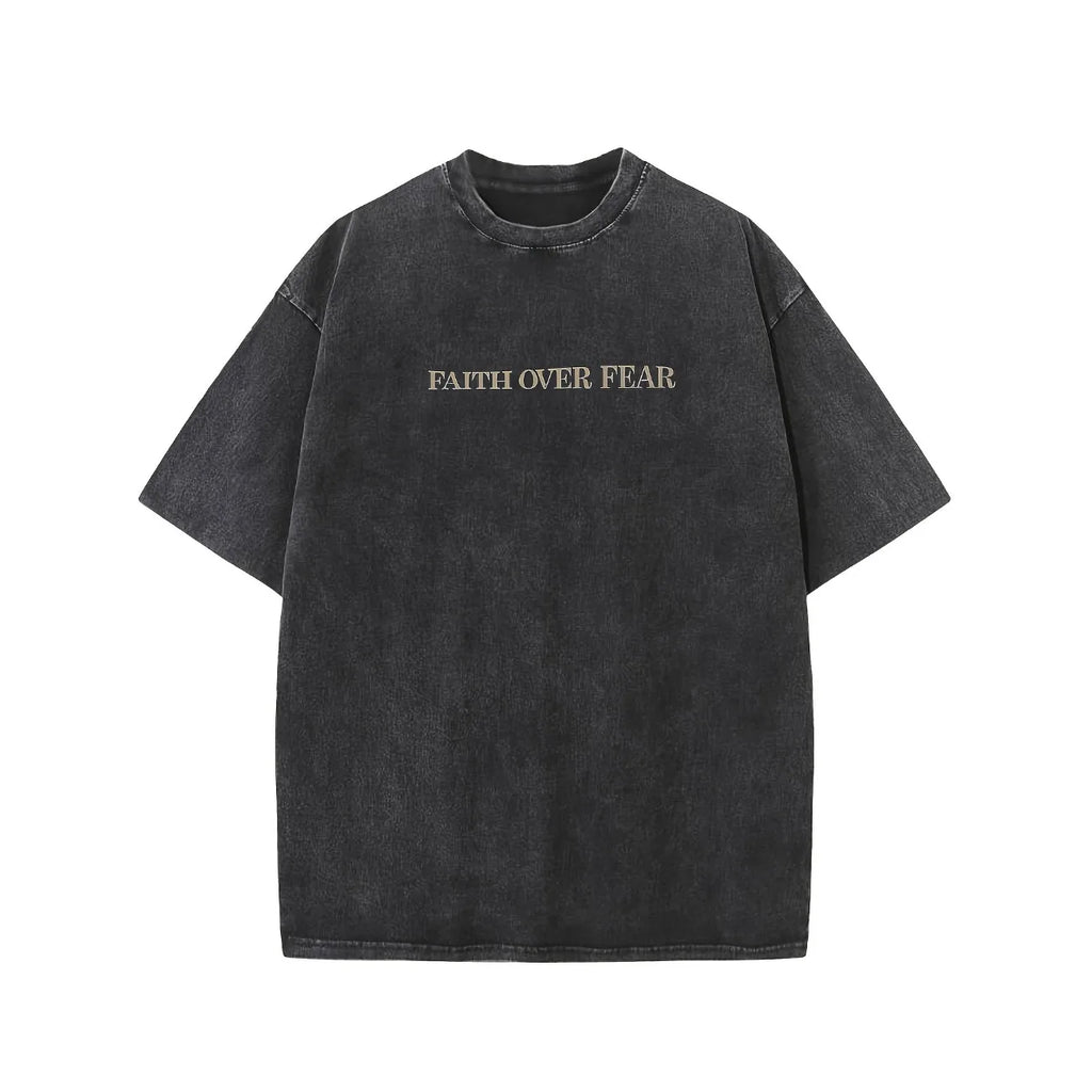 FAITH OVER FEAR Men's Cotton Solid Drop Shoulder Vintage Street Wear Basic Tees Baggy Hip Hop Unisex Tops Acid Wash T-Shirt