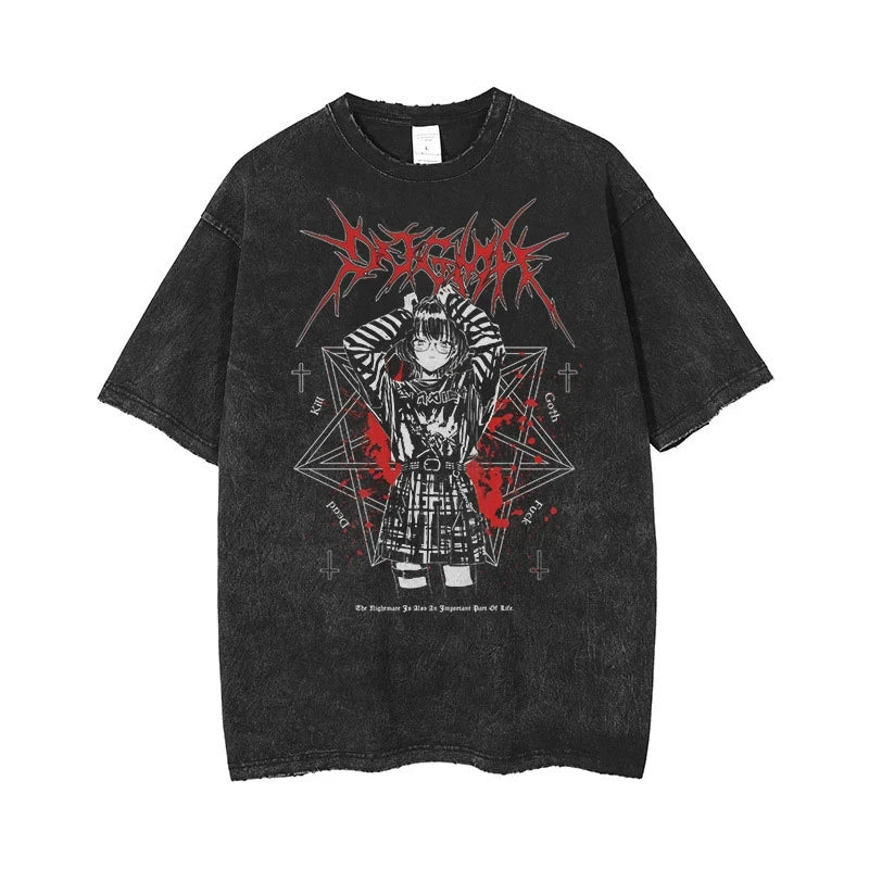 Anime Men's T Shirts Gothic Printed T-Shirt Hip Hop Streetwear Punk Summer Vintage Washed Oversized Tops Men Clothing