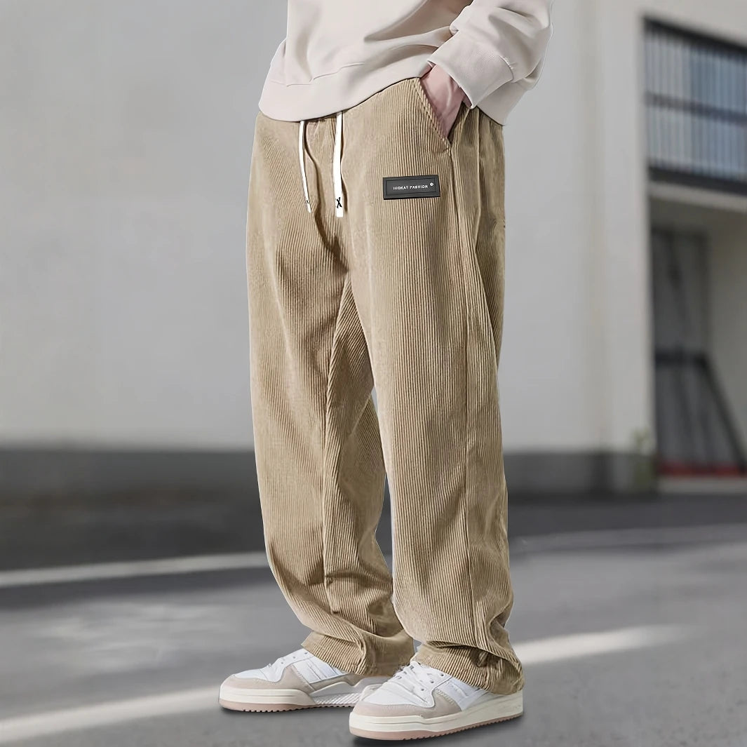 Men'S Corduroy Straight Leg Pants with Drawstring Waist, Pockets, and Logo Design - Stretchy, Casual Fit for Everyday Wear, Spri