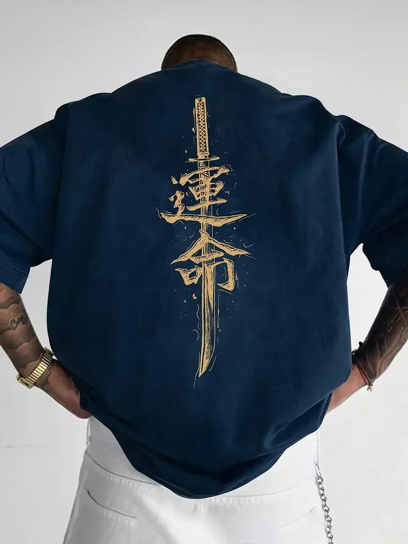 A men's short sleeved T-shirt made of pure cotton with a Japanese samurai sword pattern printed on it, regular style, fashionabl