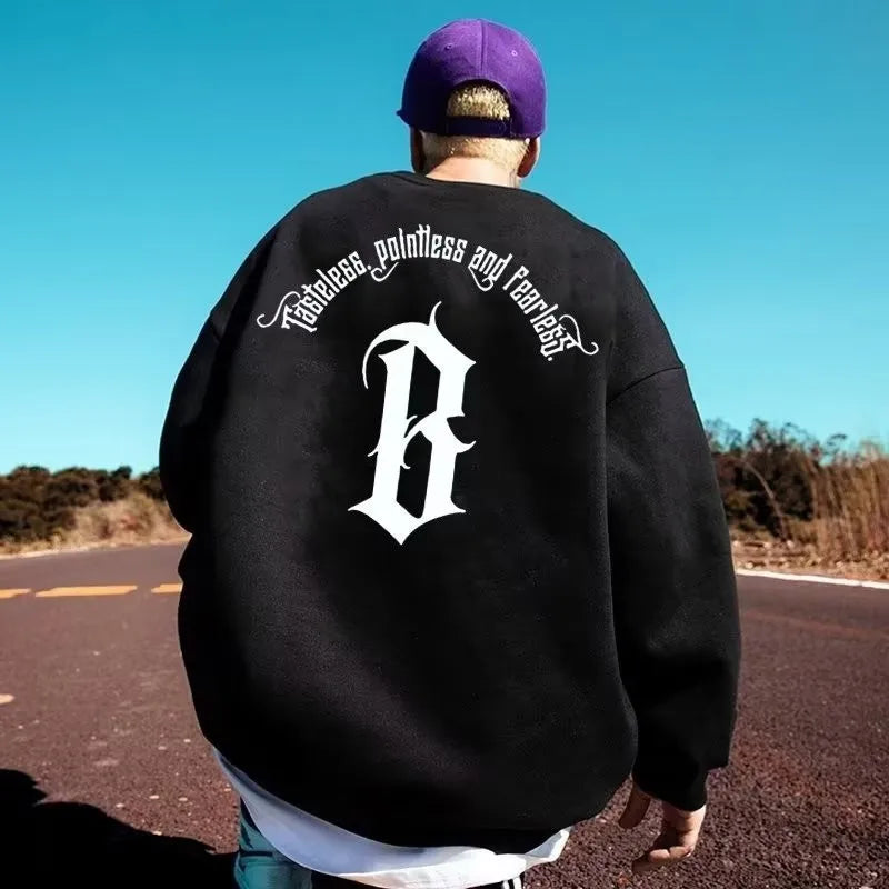 M-8XL Autumn Men Oversized Sweatshirts Fashion Loose American Gothic Letter B Print Long Sleeve Plus Velvet Couple Clothes