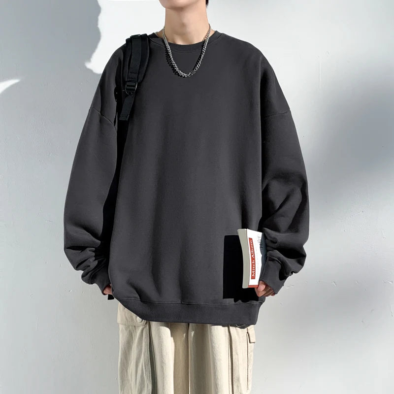 Casual Fashion Classic Mens Loose Hoodies Sweatshirt O Neck Black White Gray Hip Hop Punk Pullover Streetwear Korean Harajuku